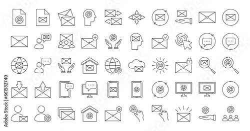 Message and mail line icons set. Letter, mail, communication, dialogue, people, correspondence. Isolated on a white background. Vector stock illustration.