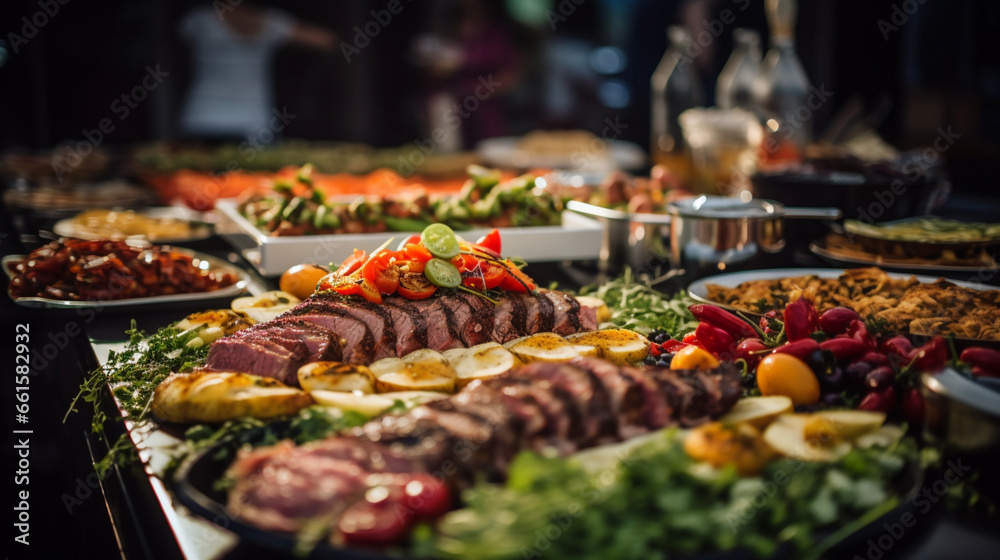 catering buffet food in wedding with meat colorful, generative ai