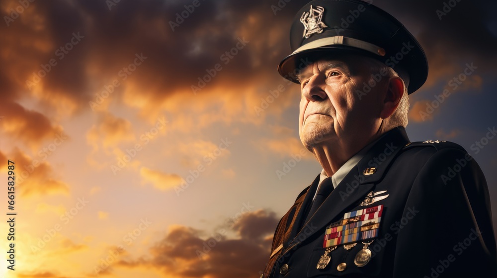 A lifetime of honor: A decorated veteran, grandpa poses in uniform and cap with the endless sky as his backdrop A lifetime of honor: A decorated veteran, grandpa poses in uniform and cap with the endless sky as his backdrop