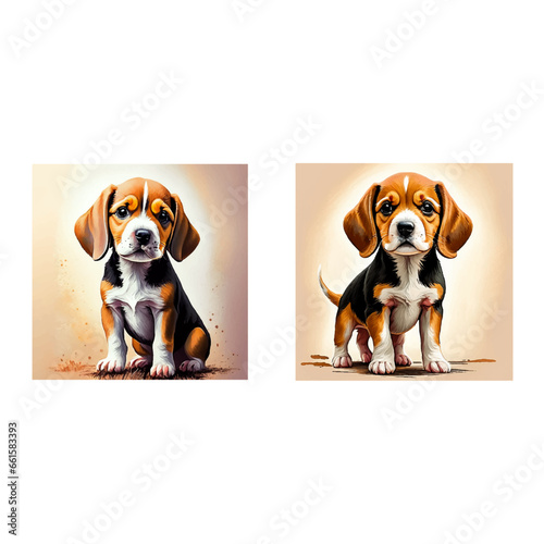 A vector illustration of two styles of standing beagle dogs isolated on a white background.