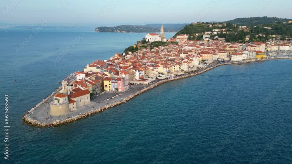 Aerial view of Piran town, splendid summer scene of Slovenia Adriatic coast with beautiful Venetian architecture. Mediterranean seascape Aerial view of Piran town, splendid summer scene of Slovenia Adriatic coast with beautiful Venetian architecture. Mediterranean seascape