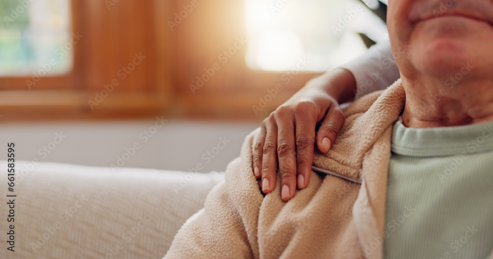 Senior patient, hands on shoulder or consulting a caregiver for support or empathy for healthcare help. Closeup, cancer or elderly person in counselling with calm nurse in nursing home for therapy - obrazy, fototapety, plakaty 