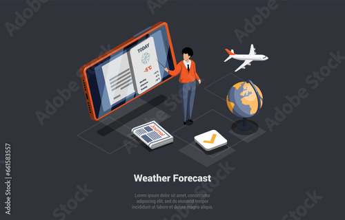 Concept Of Weather Forecast For Every Day of the Week. Weatherman Presenter Points To The Monitor Screen With Air Temperature Data And Precipitation For Coming Days. Isometric 3D Vector Illustration
