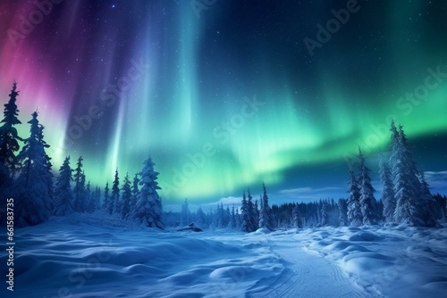 Beautiful aurora lights over snowy landscape. Enchanting wallpaper with space for text. Generative AI © Leila