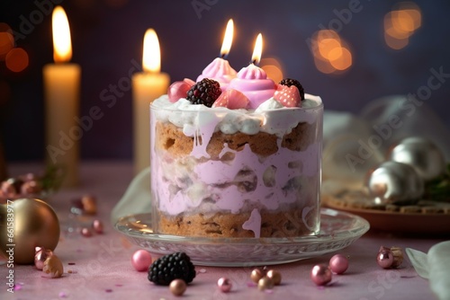tasty birthday dessert on tabletop with soft lighting. Generative AI