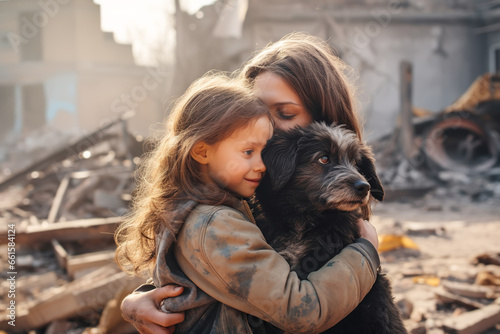 Mother, daughter and dog hugging in destroyed city rubble. Survivors of bombing or earthquake disaster photo