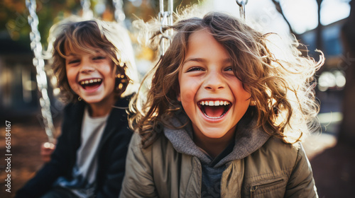 Two laughing boys on swing set in a sunny park.