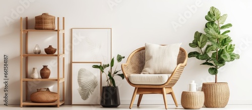 Stylish home decor with modern bohemian vibes featuring retro chair rattan basket wooden cube books flowers mock up poster frames and elegant accessories With copyspace for text © AkuAku