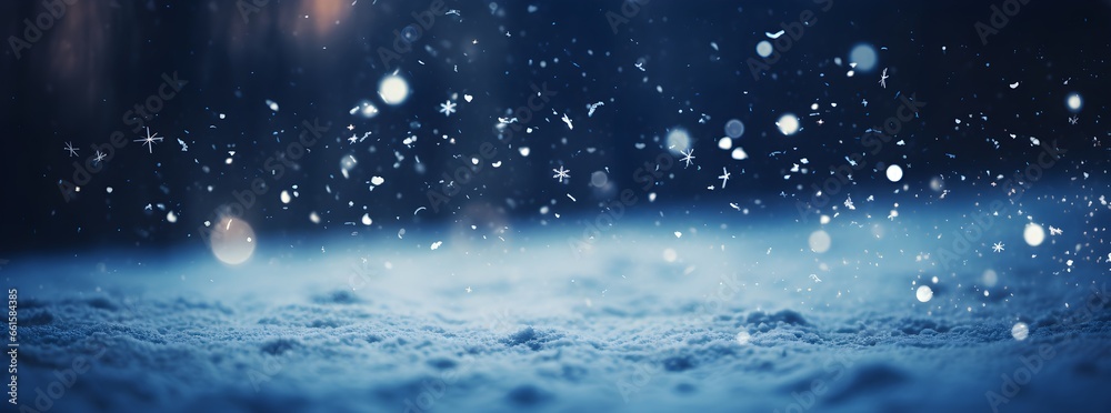 Obraz premium banner, winter background, forest and falling snow and snowflakes, trees frost