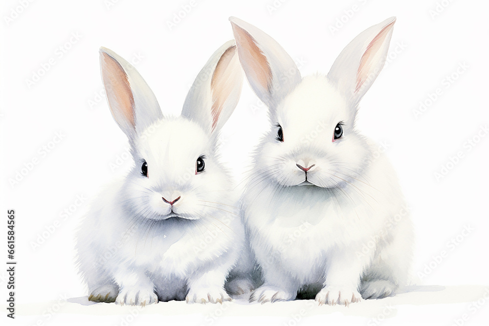 Two white bunnies on a white background, in watercolor style Two white bunnies on a white background, in watercolor style