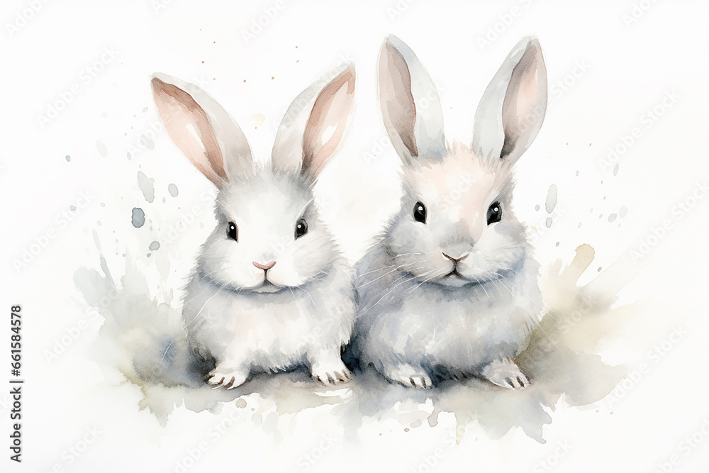 Two white bunnies on a white background, in watercolor style Two white bunnies on a white background, in watercolor style