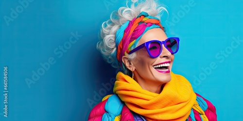 AI Generated. AI Generative. Mature old woman with sunglasses. Cute beautiful fashion decoration background in bright colors.  Graphic Art