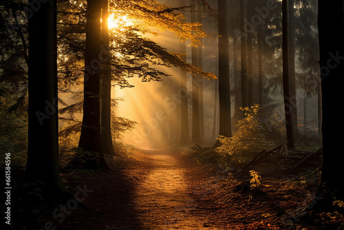 A sunset in a forest, autumn