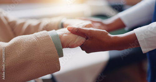 Nurse holding hands with a senior patient for empathy, trust or support of help, advice or healthcare. Consulting, elderly person or medical therapy with doctor for hope, consultation or depression