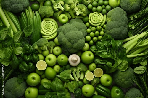 Top view image of various green vegetables piled up. Generative AI