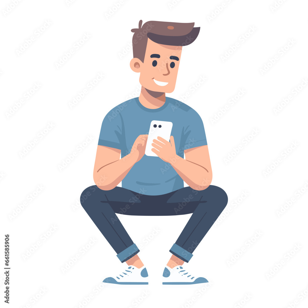 Character holding smartphone. People use mobile phones, chat, surf the internet. Flat vector illustration isolated on background. Character holding smartphone. People use mobile phones, chat, surf the internet. Flat vector illustration isolated on background.