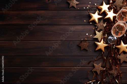 New Year's composition. Champagne glasses, star-shaped decorations, party blowers on a rich mahogany wood texture. Flat lay, top view. Copy space. Banner backdrop photo