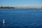 Bridge across Mission Bay leading to Vacation Island Park recreation areas, San Diego, California