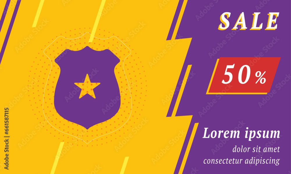 Sale promotion banner with place for your text. On the left is the police badge symbol. Promotional text with discount percentage on the right side. Vector illustration on yellow background Sale promotion banner with place for your text. On the left is the police badge symbol. Promotional text with discount percentage on the right side. Vector illustration on yellow background