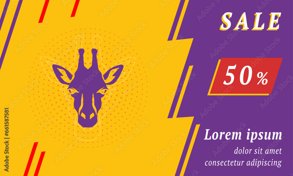 Sale promotion banner with place for your text. On the left is the giraffe head symbol. Promotional text with discount percentage on the right side. Vector illustration on yellow background Sale promotion banner with place for your text. On the left is the giraffe head symbol. Promotional text with discount percentage on the right side. Vector illustration on yellow background
