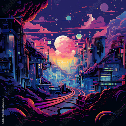 illustration of human go adventure on mystery planet looking at the wonders of cosmos. Beautiful planet landscape in pop lofi art style.