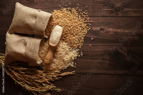 Different stages of organic Rice (Oryza sativa) spilled out from the jute bag. Rice Bran, Rice, and Rice Flour on a dark wooden background. Top view. photo