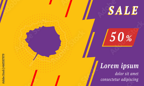 Sale promotion banner with place for your text. On the left is the aspen leaf. Promotional text with discount percentage on the right side. Vector illustration on yellow background