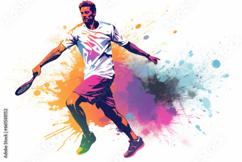 Professional tennis player holding racket, color drawing. Tennis game banner. Active sport sticker © Lazy_Bear
