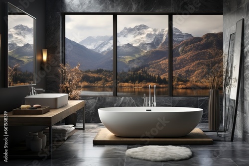 An elegant bathroom with dark flooring © Photo Designer 4k