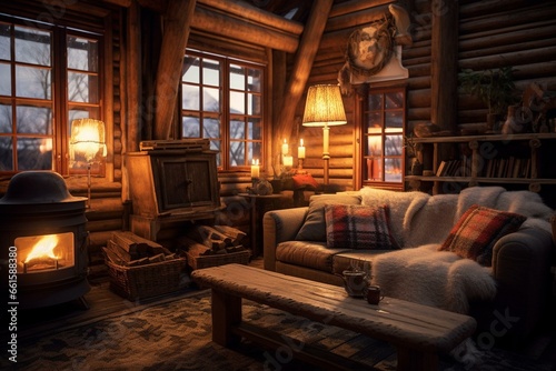Cozy wooden chalet room with a cream sofa and a burning stove. Generative AI
