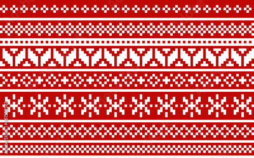 Christmas sweater seamless pattern. White ornament on red background. Vector design. 