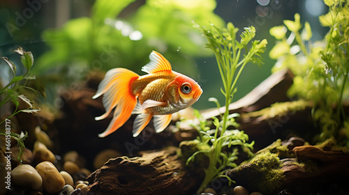 Aquarium Goldfish swim among algae and stones, corrals and underwater plants in an aquarium © pundapanda