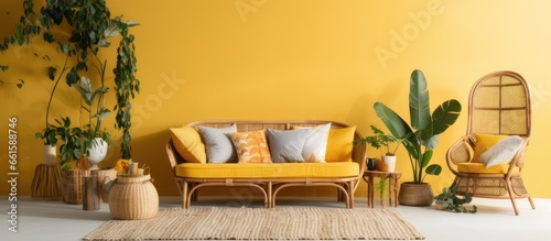 Boho living room with rattan lamp settee plants and yellow curtains With copyspace for text photo