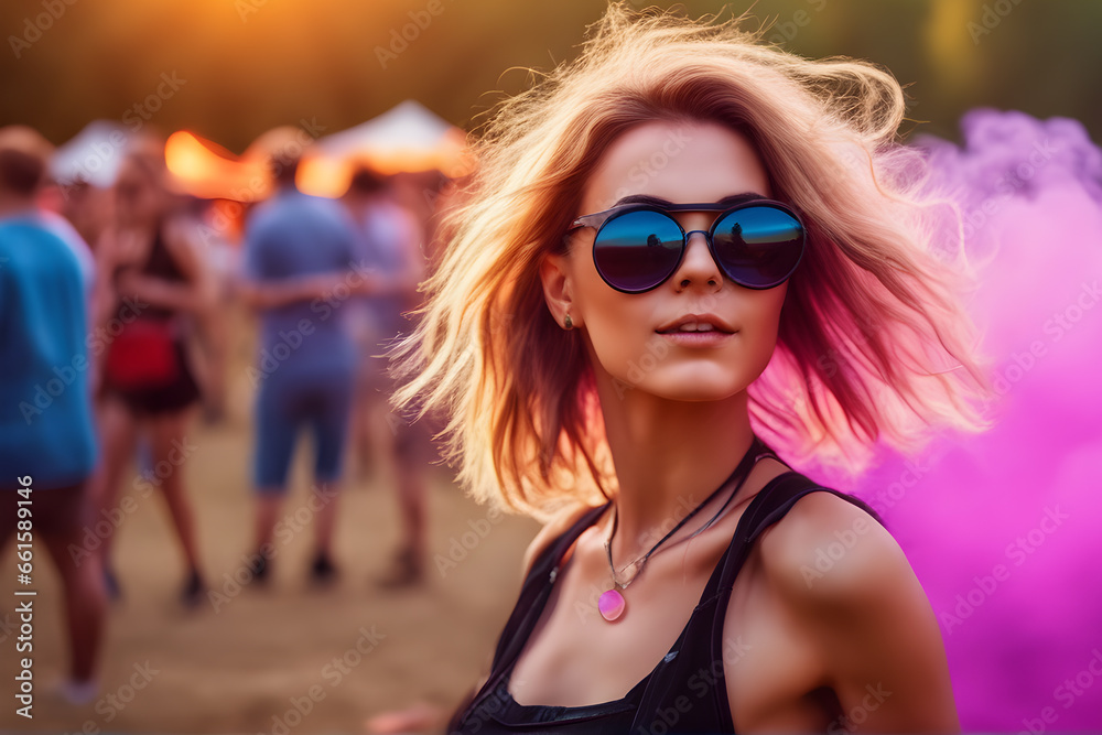 close-up Young woman with sun glass in teasing attire dancing outdoor at music festival, realistic photo, sunset time close-up Young woman with sun glass in teasing attire dancing outdoor at music festival, realistic photo, sunset time