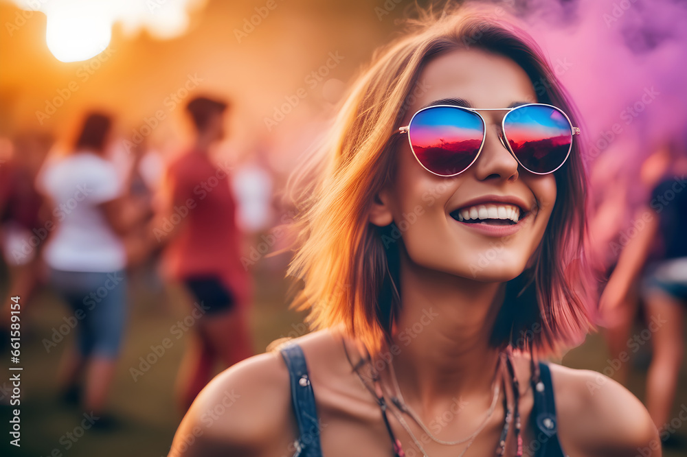 close-up Young woman with sun glass in teasing attire dancing outdoor at music festival, realistic photo, sunset time close-up Young woman with sun glass in teasing attire dancing outdoor at music festival, realistic photo, sunset time
