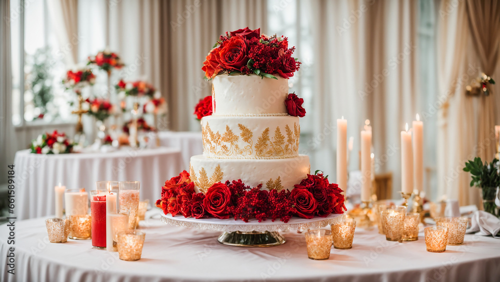 Beautiful multi-tiered wedding cake, flowers