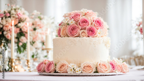 Beautiful multi-tiered wedding cake, flowers © tanya78