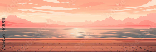 Wooden empty table in foreground close-up against blurred sea, mocap illustration for product presentation, banner
