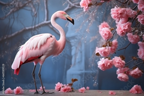 Pink flamingo on the background of the wall with exotic beautiful flowers, bright tropical concept