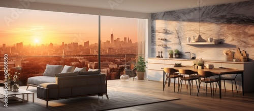 Luxurious living room with kitchen in apartment featuring a sunset view through a large window wall With copyspace for text