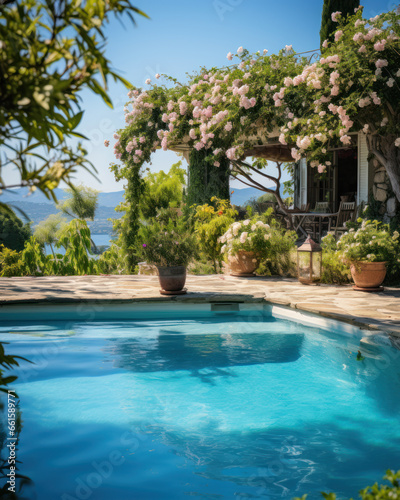 Swimming pool at home in a warm Mediterranean climate , outdoor pool with scattered shrubs and flowers around it © pundapanda