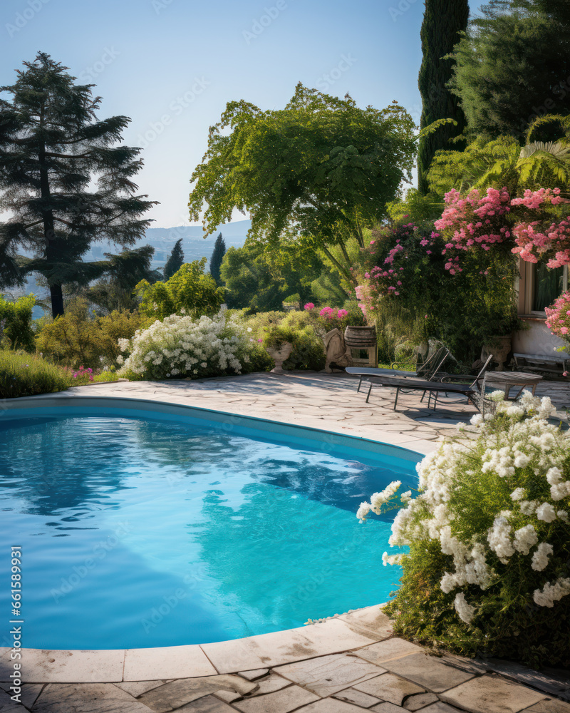 Swimming pool at home in a warm Mediterranean climate , outdoor pool with scattered shrubs and flowers around it - obrazy, fototapety, plakaty 