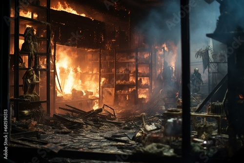 Display of burnt merchandise on shelves seen through the window of a shop after the fire. Generative AI