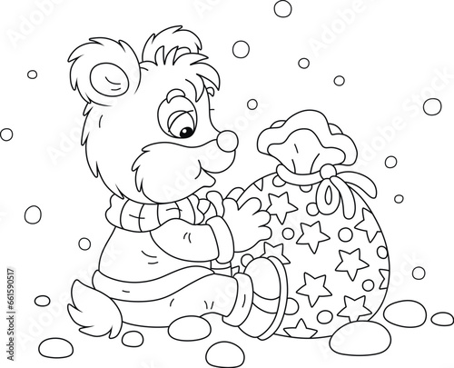 Little baby bear with its gift bag on a snowy holiday winter day, black and white outline vector cartoon illustration for a coloring book