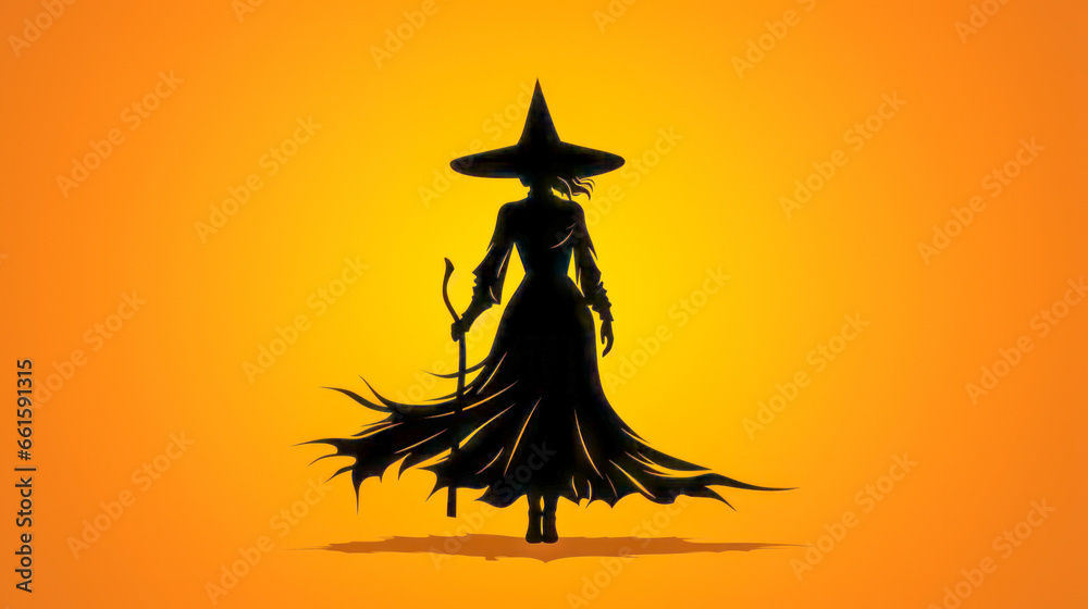 Fototapeta premium Blonde witch in short dress flying on broomstick with bat silhouette.