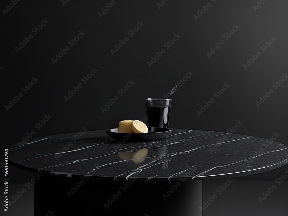 Photo of a barren table with a marble-topped black countertop