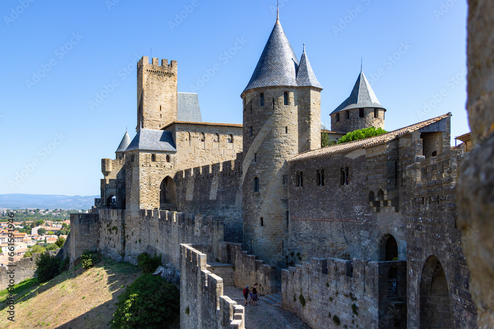 View point of Cite de Carcassonne, stone walls of the fortification

