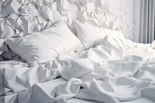 Background with disarrayed white bedding, presenting a concept of a messy bed with a technological touch. Generative AI