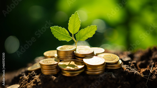A green sprout, a money tree, grows from gold coins.