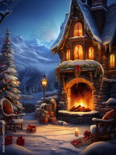 A winter wonderland house with snow-covered landscapes and a cozy fireplace, ai generator © Kateryna